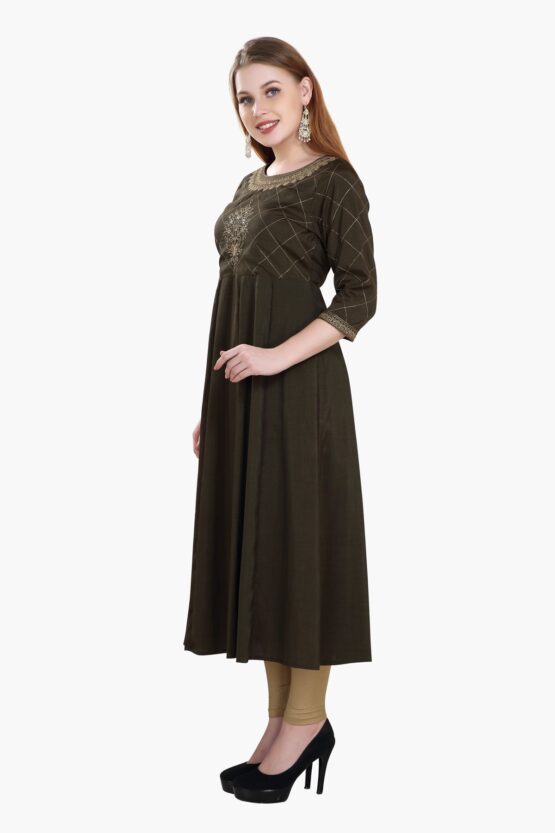 Viscose Silk Flared Kurta Olive